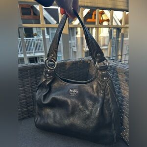 Coach Black Pebbled Leather Shoulder Bag with Silver Hardware & Purple Lining